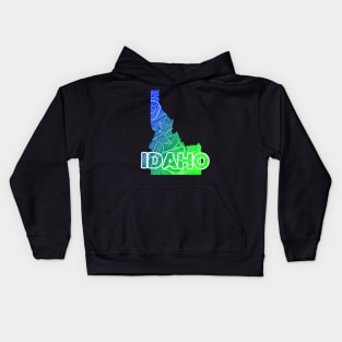 Colorful mandala art map of Idaho with text in blue and green Kids Hoodie